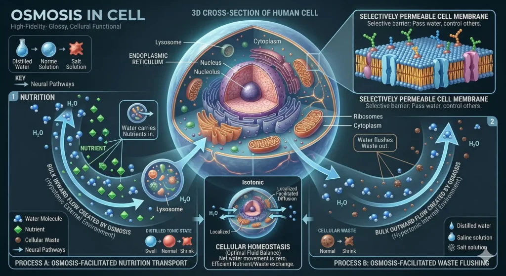 A 3D cross-section of a human cell demonstrating the process of osmosis, showing water transporting nutrients in and flushing cellular waste out