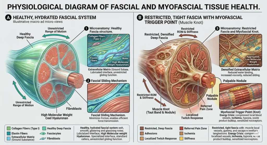 A physiological breakdown of healthy, hydrated fascia compared to restricted, tight fascia with muscle knots
