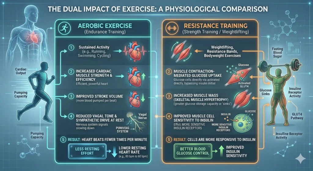 Diagram 'The Dual Impact of Exercise' - Showing how aerobic exercise lowers resting heart rate while resistance training improves insulin sensitivity
