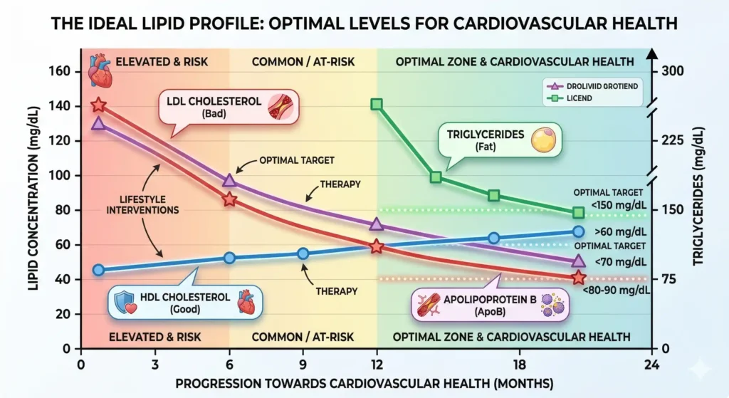 Line Graph 'The Ideal Lipid Profile' - Illustrating optimal levels of HDL, LDL, Triglycerides, and ApoB for cardiovascular health