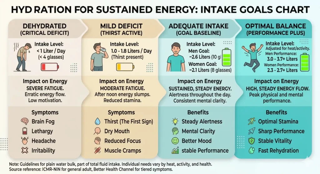 A hydration chart showing water intake goals correlated with sustained energy levels
