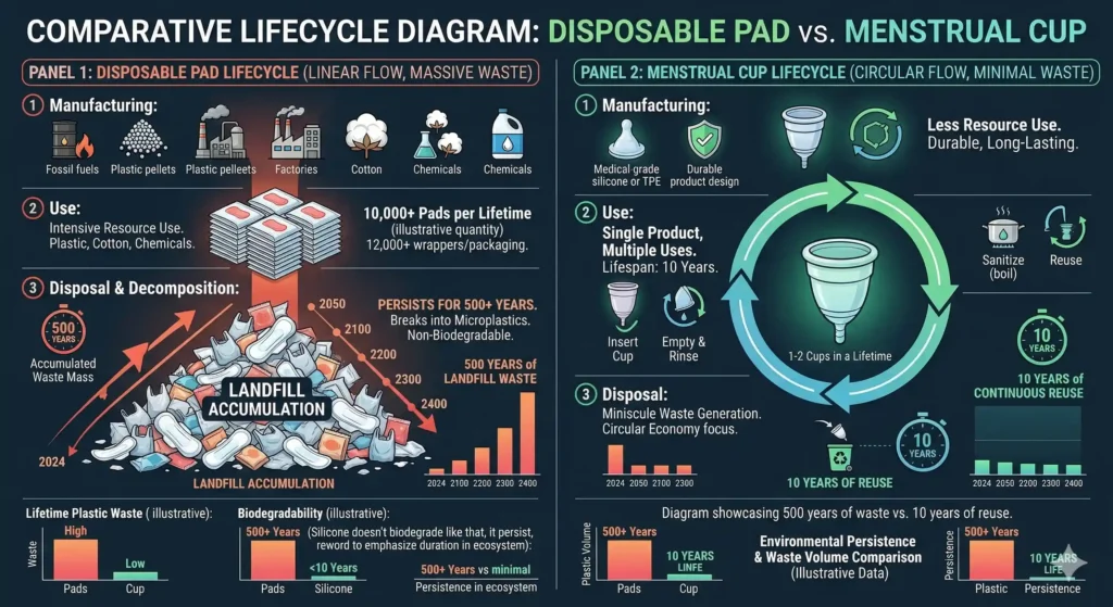 The Lifecycle of a Disposable Pad vs. Menstrual Cup