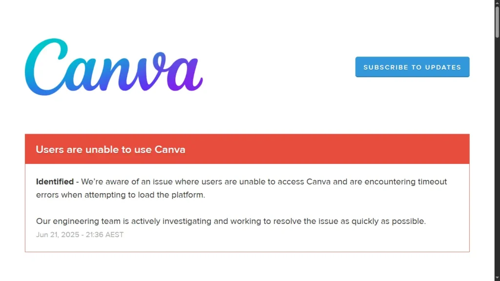 Canva is currently down! Users are seeing timeout errors when trying to access the platform. The team is investigating and working on a fix. Stay tuned for updates. #CanvaDown #Outage
