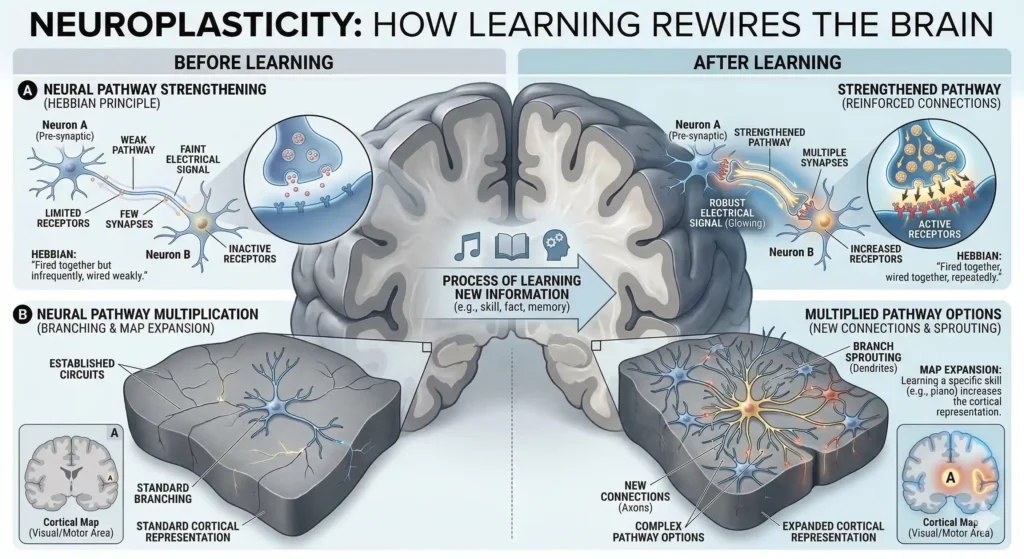 A 3D cross-section showing neural pathways strengthening and multiplying as new information is learned