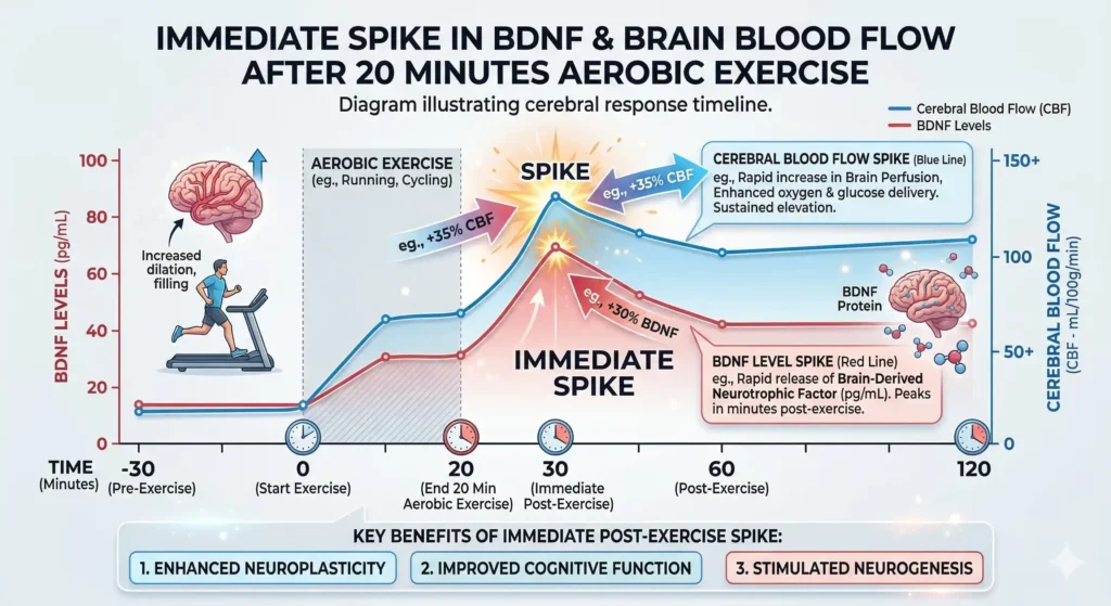 A chart illustrating the spike in BDNF levels and blood flow in the brain immediately following 20 minutes of aerobic exercise
