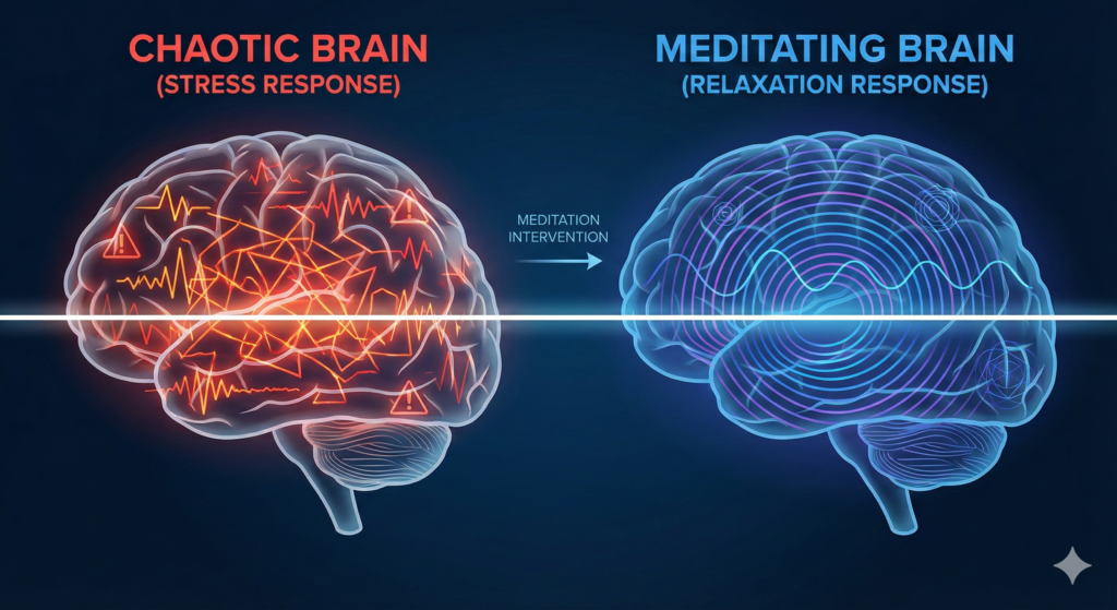 Illustration comparison of an anxious brain versus a meditating brain showing neural pathways
