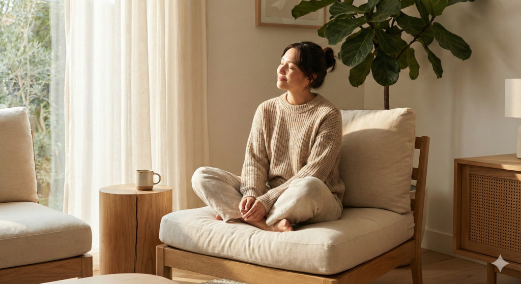 Person practicing mindfulness meditation in a comfortable home environment