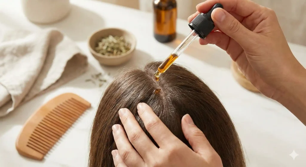 Applying rosemary oil and scalp massage techniques for hair regrowth