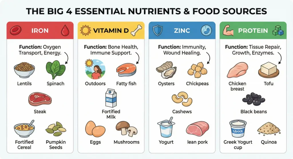 Infographic of essential nutrients for hair growth Iron, Vitamin D, Zinc, and Protein