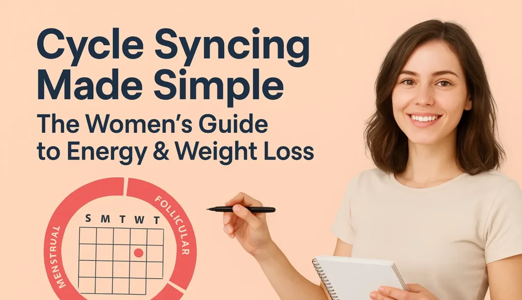 Smiling woman holding a notebook and pen, pointing at a menstrual cycle chart with phases labeled Menstrual, Follicular, Ovulation, and Luteal, alongside the blog title “Cycle Syncing Made Simple — The Women’s Guide to Energy & Weight Loss.