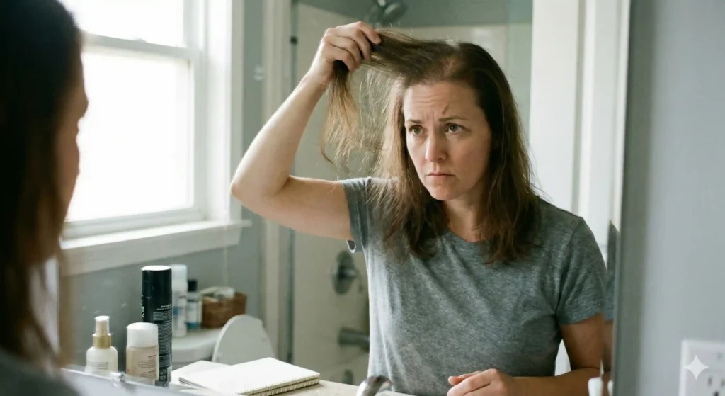 Woman examining hair thinning in the mirror, identifying the root cause of hair loss