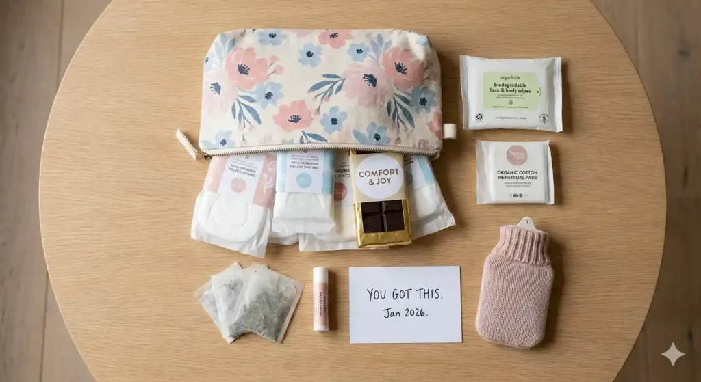 Essentials for a girl's first period emergency kit for school