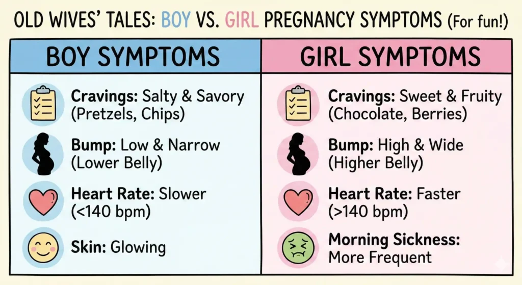 Infographic comparing old wives' tales for boy vs girl pregnancy symptoms