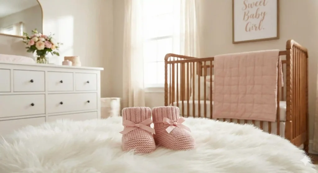 Pink baby shoes representing the excitement of having a baby girl