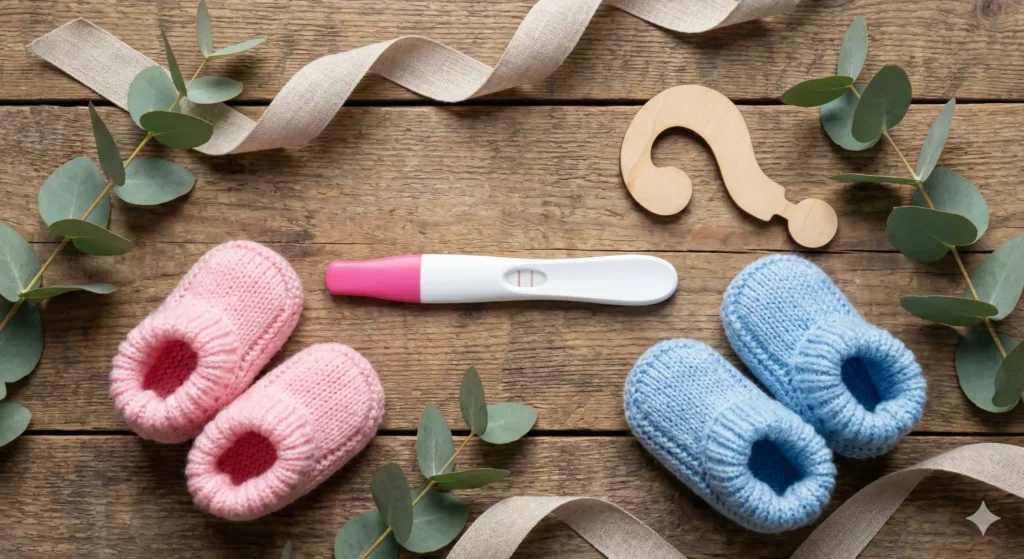 Pregnancy gender guessing game concept with pink and blue baby items