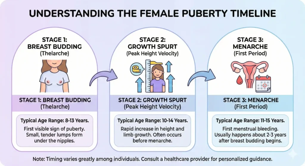 Timeline of female puberty stages leading to the first menstrual period