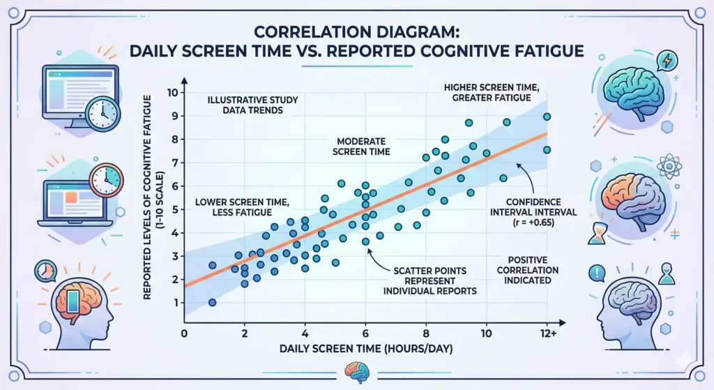 A chart showing the correlation between daily screen time and reported levels of cognitive fatigue
